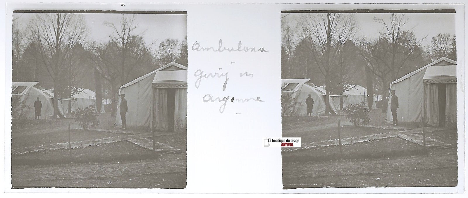 Givry-en-Argonne, soldats, Plaque verre stéréo, positif noir & blanc 4,5x10,7 cm