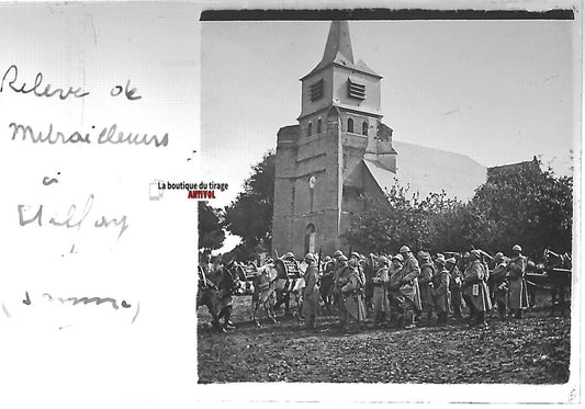 Ételfay, soldats, Plaque verre stéréo, positif ancien noir & blanc 4,5x10,7 cm