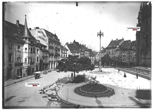 Plaque verre photo ancienne positif noir & blanc 13x18 cm Mulhouse place Réunion