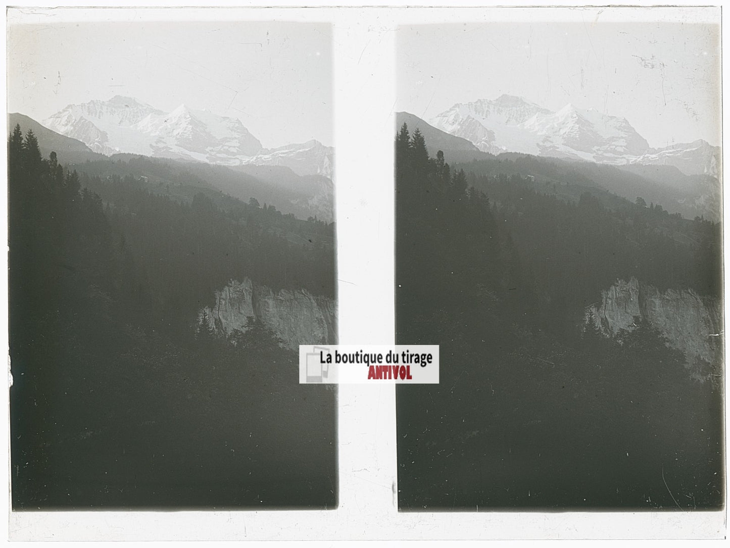 Alpes enneigées, Alpes Suisse, stéréo photo plaque verre, noir & blanc, 9x12 cm