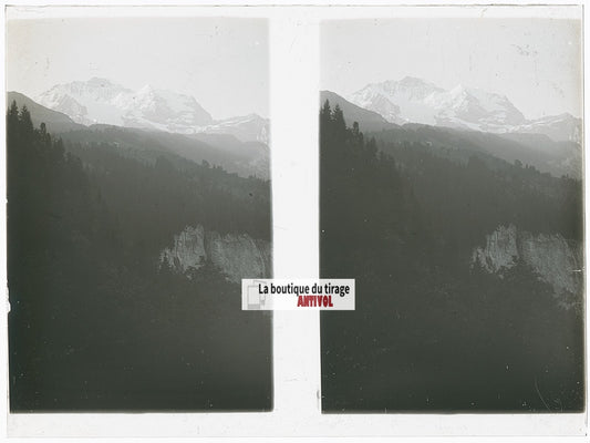 Alpes enneigées, Alpes Suisse, stéréo photo plaque verre, noir & blanc, 9x12 cm