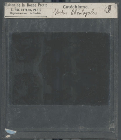 Scène religieuse, catéchisme, dessin peinture, plaque verre, positif 8,5x10 cm