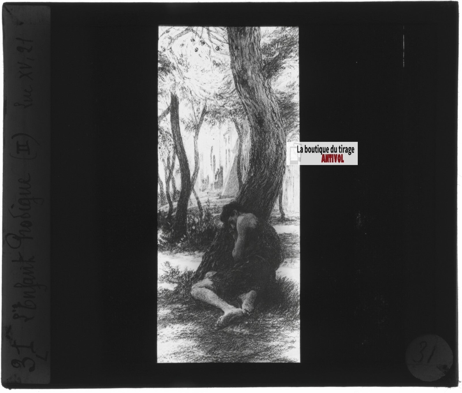 Luc, scène religieuse, dessin peinture plaque de verre, positif 8,5x10 cm