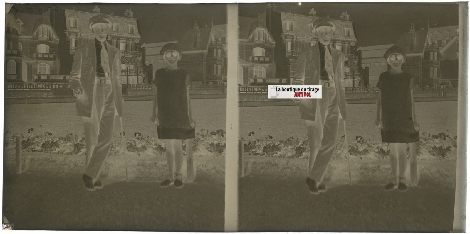 Bord de mer, personnages, stéréoscopie plaque ancienne verre, négatif 9x18 cm