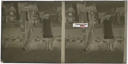 Bord de mer, personnages, stéréoscopie plaque ancienne verre, négatif 9x18 cm