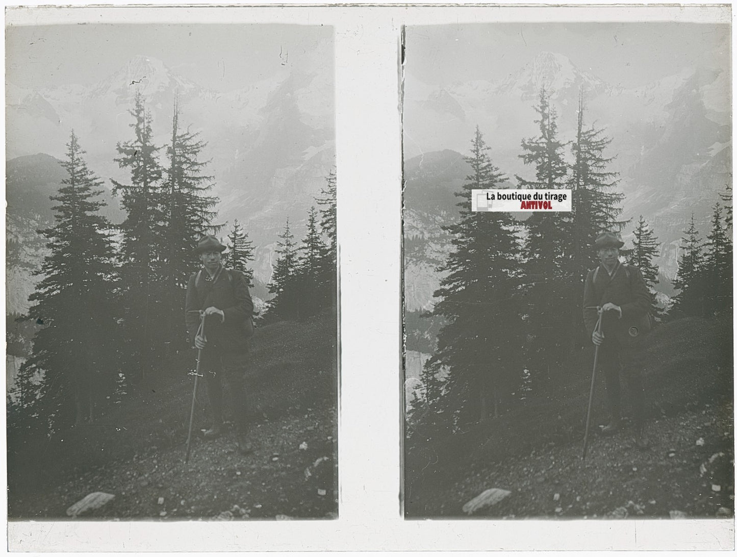 Randonneur, Alpes suisses, stéréo photo plaque verre, noir & blanc, 9x12 cm