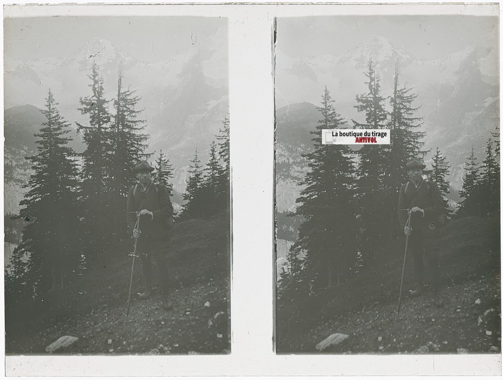 Randonneur, Alpes suisses, stéréo photo plaque verre, noir & blanc, 9x12 cm