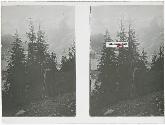 Randonneur, Alpes suisses, stéréo photo plaque verre, noir & blanc, 9x12 cm