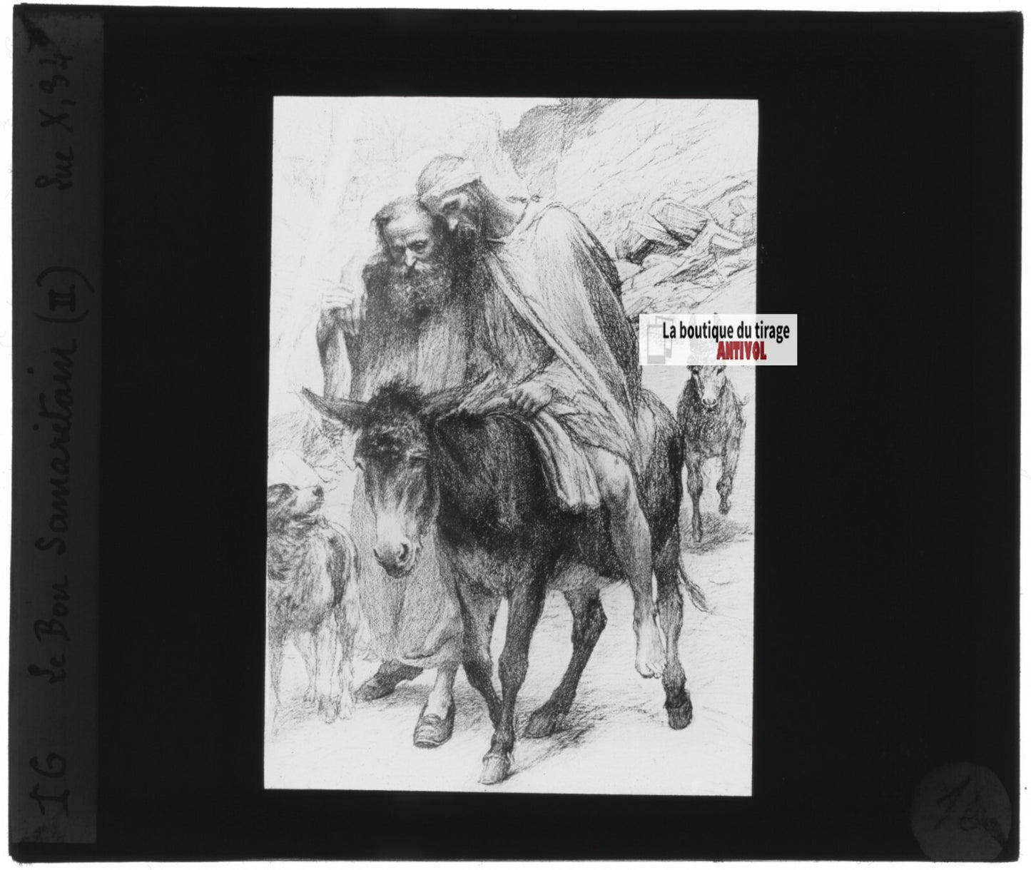 Luc, scène religieuse, dessin peinture plaque de verre, positif 8,5x10 cm