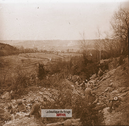 Saint-Mard, troupes d’assaut, WW1, plaque verre photo ancienne stéréo 6x13 cm