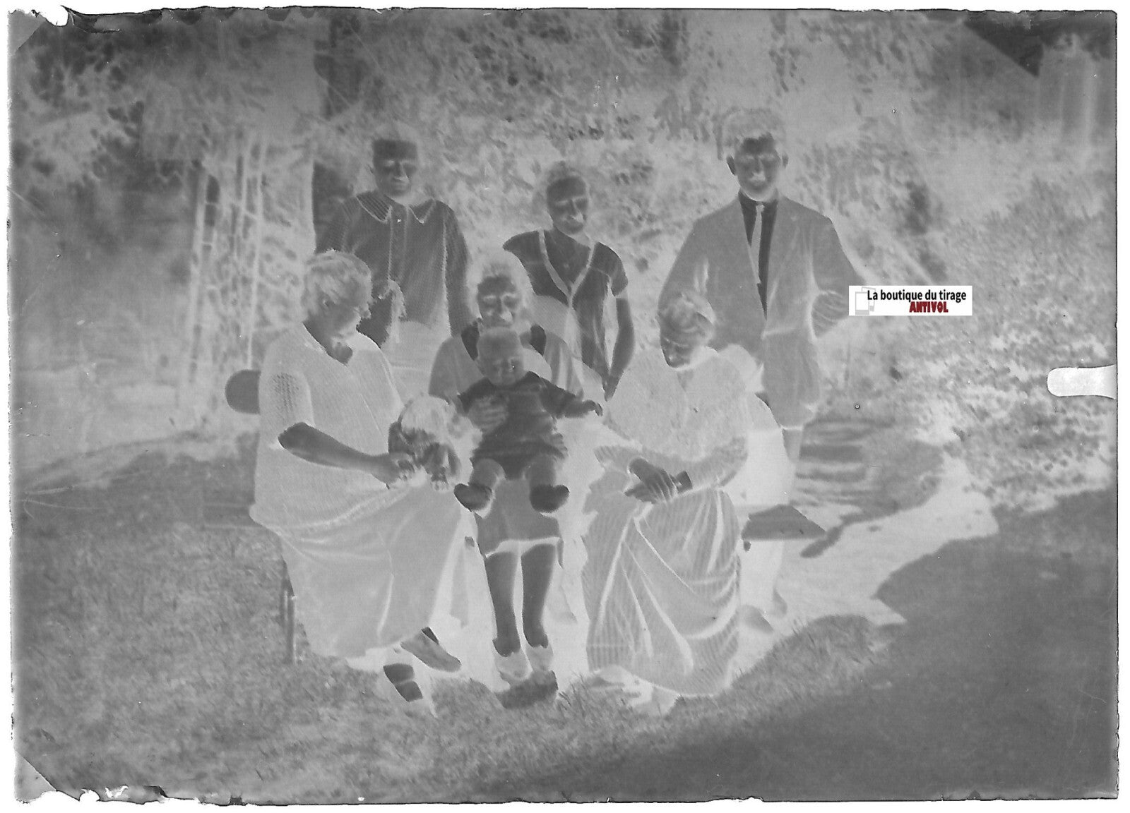 Groupe, famille, France, Plaque verre photo, négatif ancien noir & blanc 6x9 cm