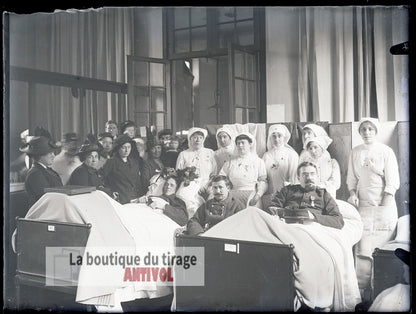 Blessés, militaires, hôpital WW1, plaque verre, photo ancienne, négatif 9x12 cm