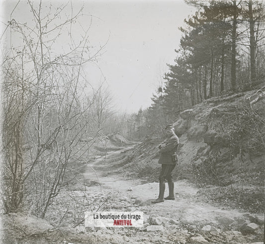 Officier, paysage nature, guerre WW1, plaque verre photo ancienne stéréo 6x13 cm