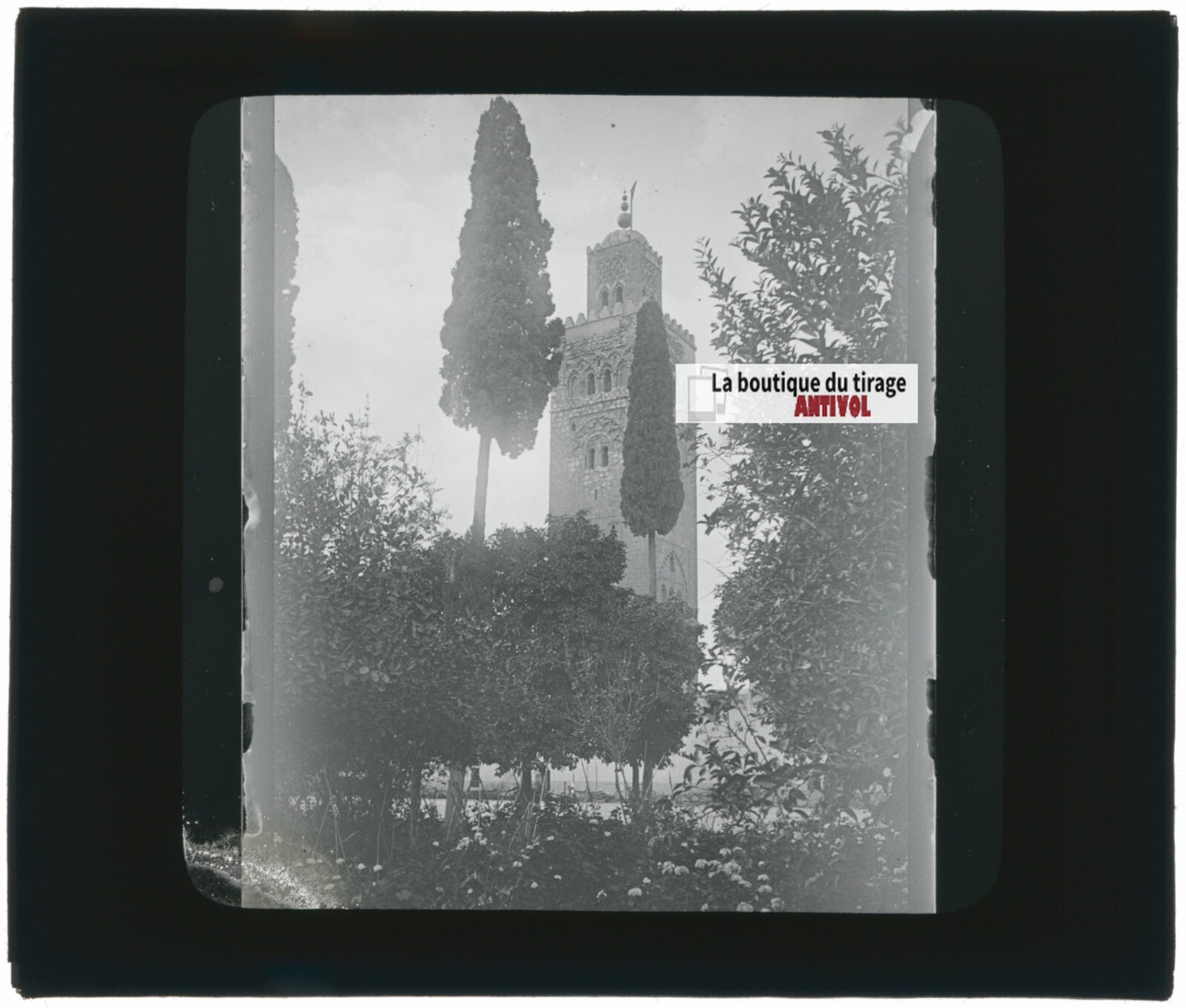 Mosquée Koutoubia, Marrakech, photo ancienne plaque verre, positif 8,5x10 cm