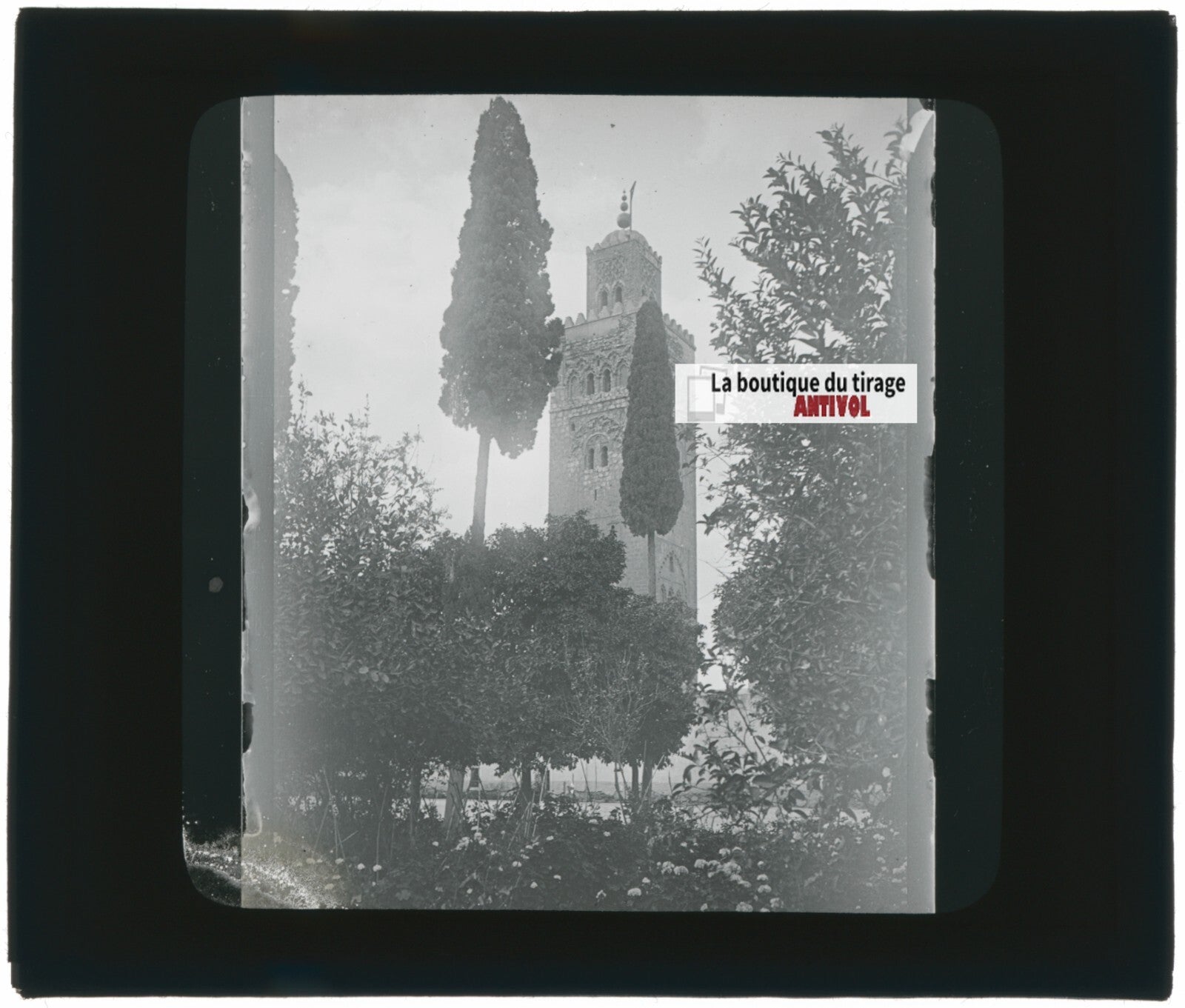 Mosquée Koutoubia, Marrakech, photo ancienne plaque verre, positif 8,5x10 cm