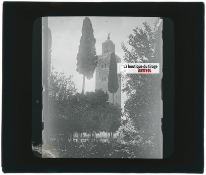 Mosquée Koutoubia, Marrakech, photo ancienne plaque verre, positif 8,5x10 cm