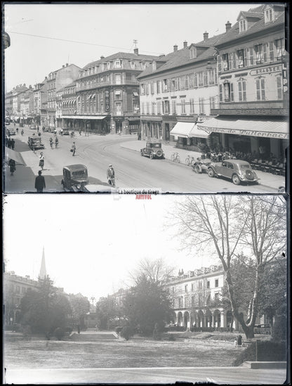Mulhouse, voiture, tramway, photos plaque de verre, lot de 5 négatifs 10x15 cm