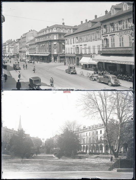 Mulhouse, voiture, tramway, photos plaque de verre, lot de 5 négatifs 10x15 cm