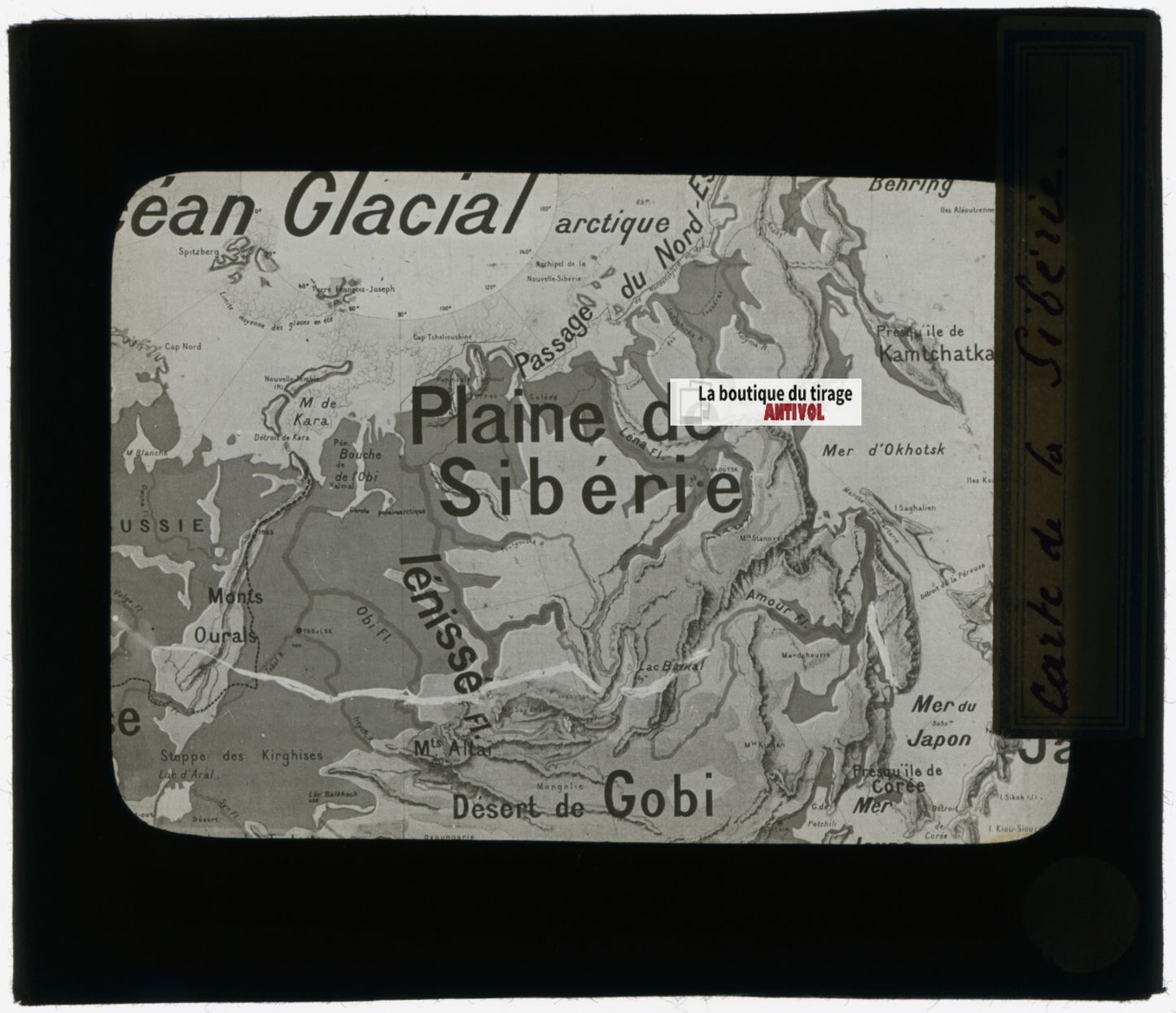 Carte de Sibérie, Russie, photo plaque verre, noir & blanc, positif 8,5x10 cm