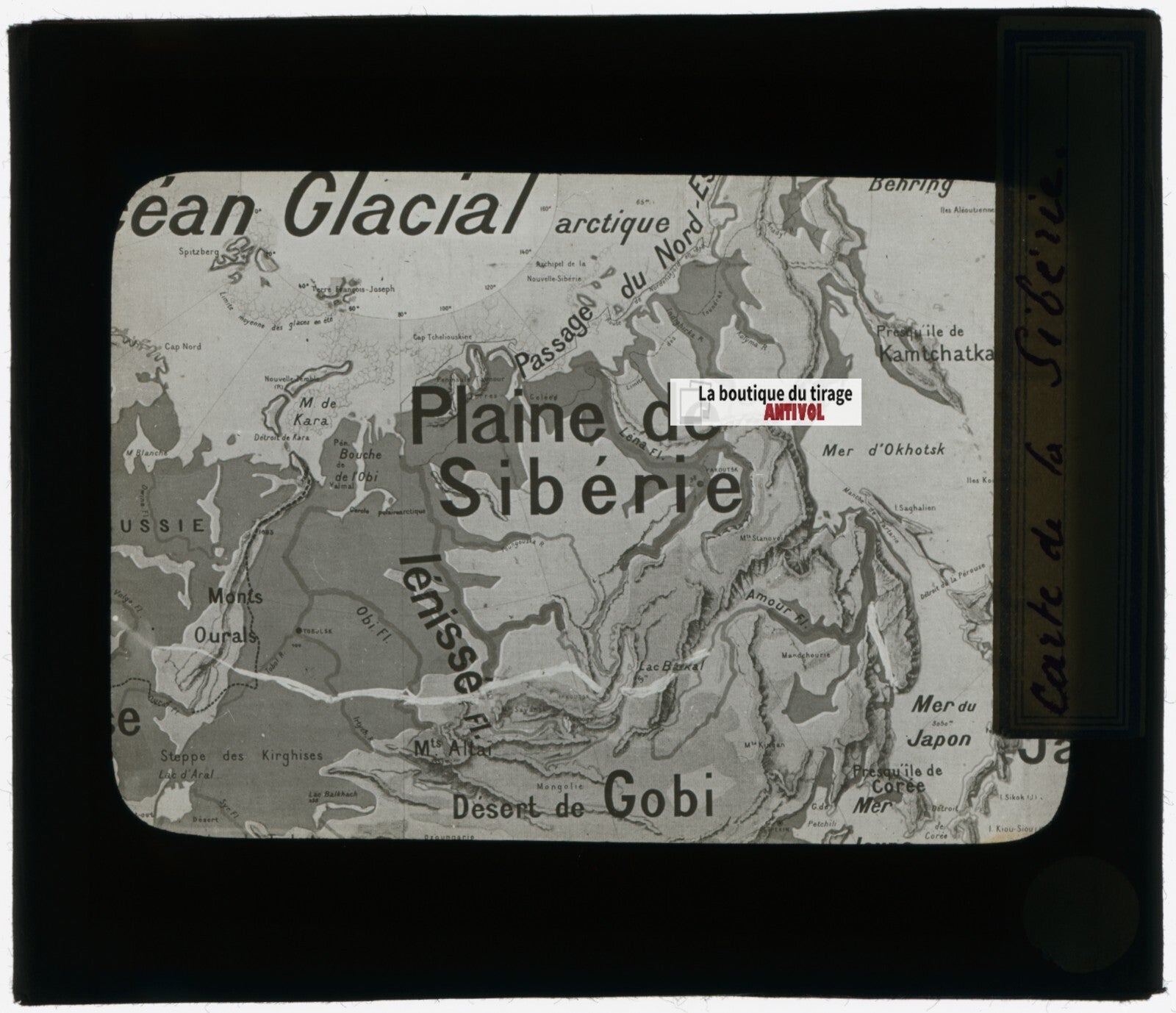 Carte de Sibérie, Russie, photo plaque verre, noir & blanc, positif 8,5x10 cm