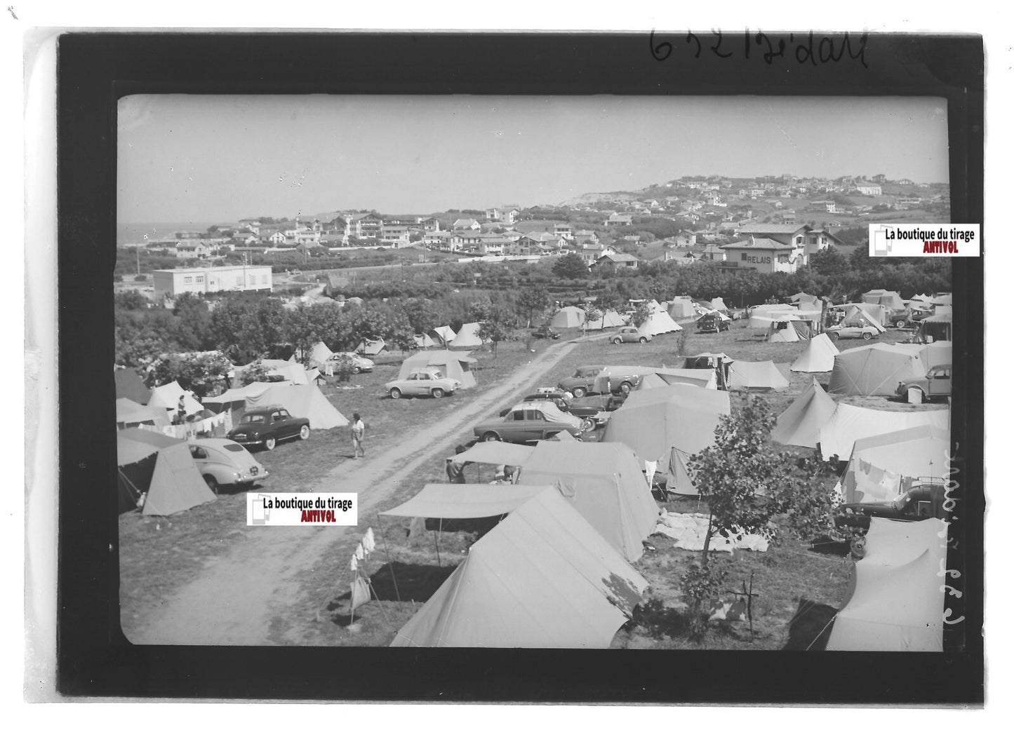 Plaque verre photo positif noir & blanc 13x18 cm camping Bidart voitures France