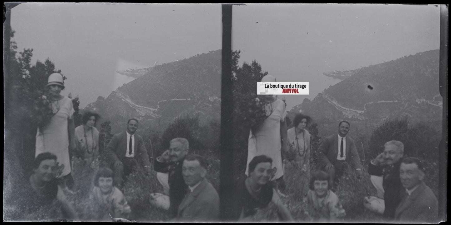 Paysage, mer, famille, stéréoscopie, photo plaque verre, négatif 9x18 cm
