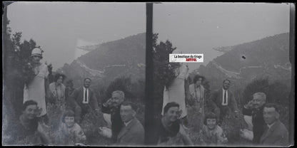 Paysage, mer, famille, stéréoscopie, photo plaque verre, négatif 9x18 cm