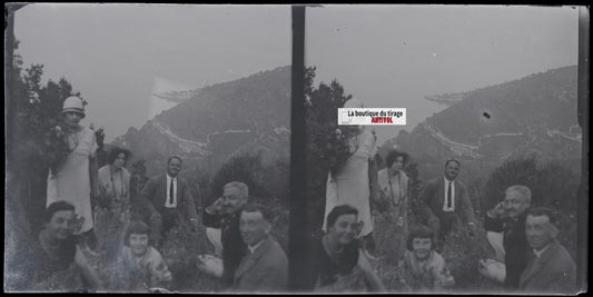 Paysage, mer, famille, stéréoscopie, photo plaque verre, négatif 9x18 cm