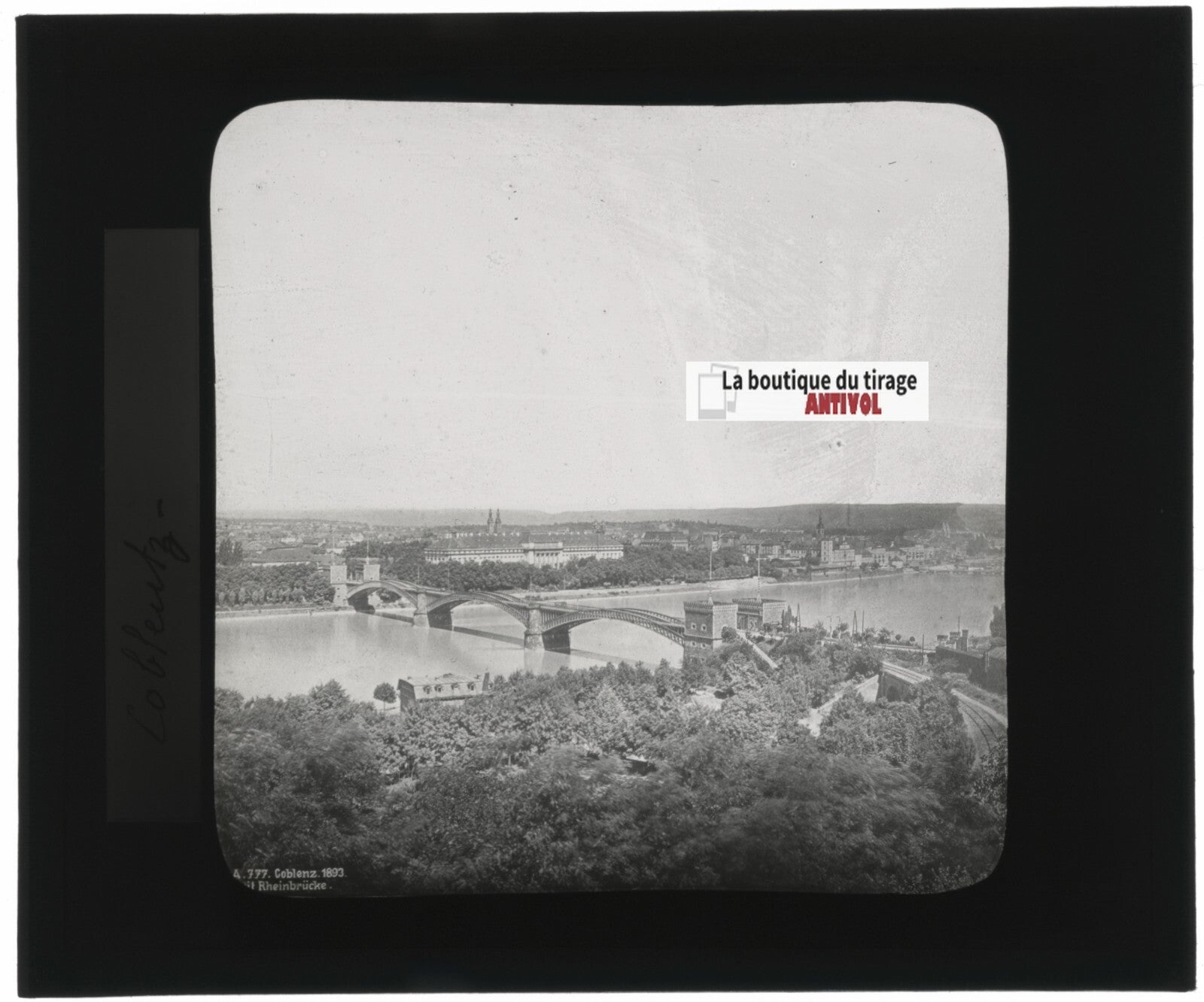 Chemin de fer, Coblence panorama, photo ancienne plaque verre, positif 8,5x10 cm