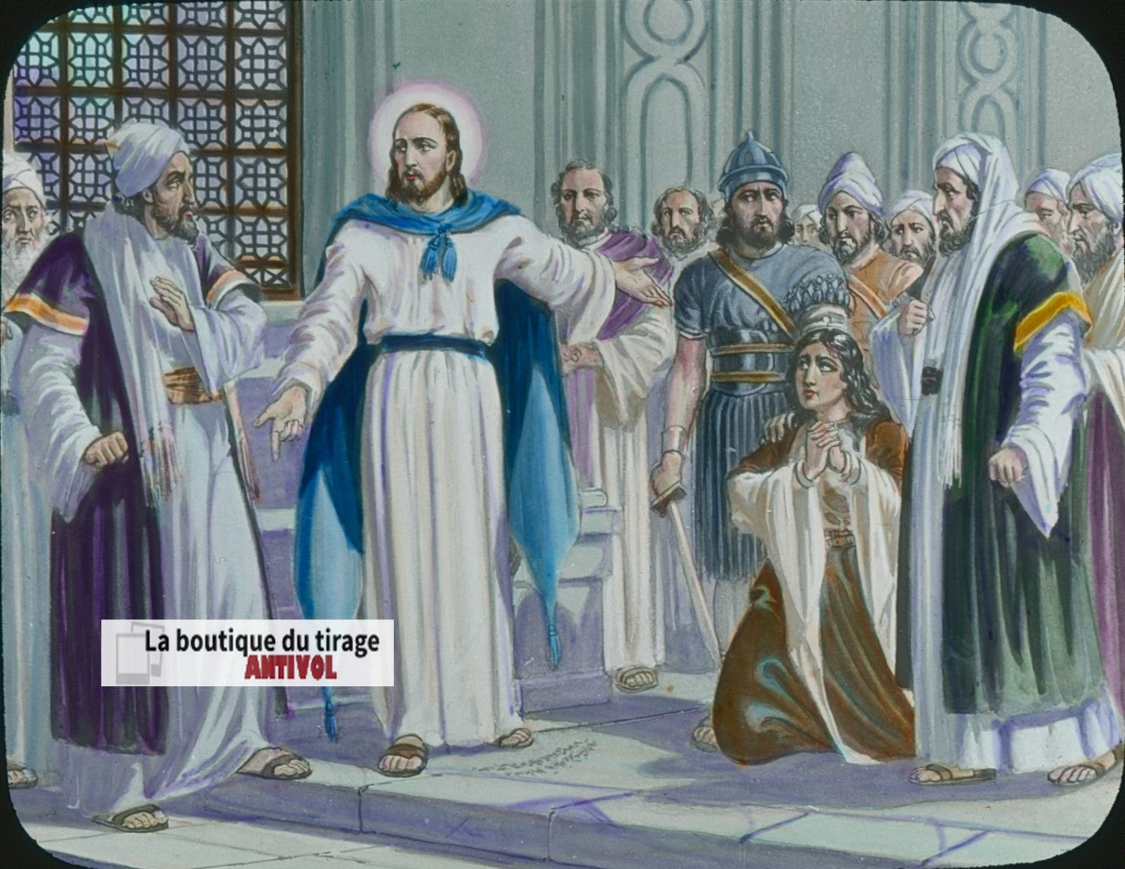 Jésus et la femme adultère, dessin, plaque verre ancienne, couleur 8,5x10 cm