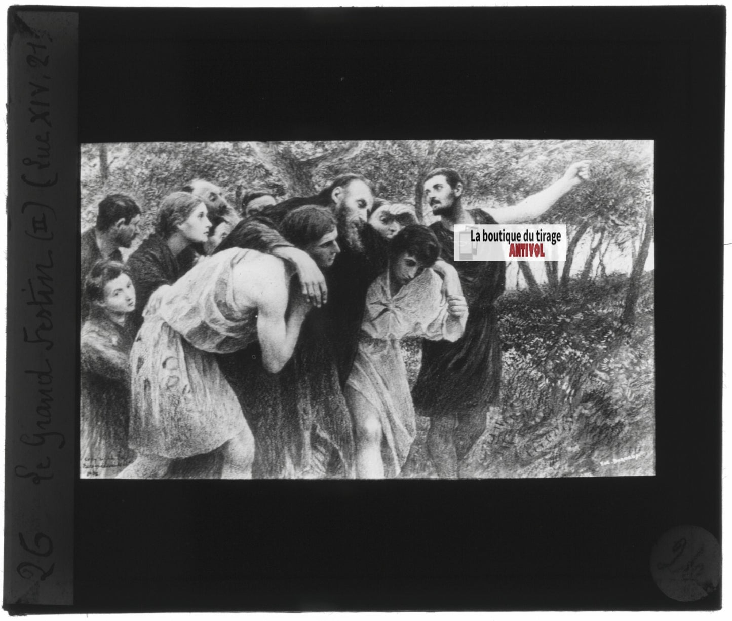 Luc, scène religieuse, dessin peinture plaque de verre, positif 8,5x10 cm