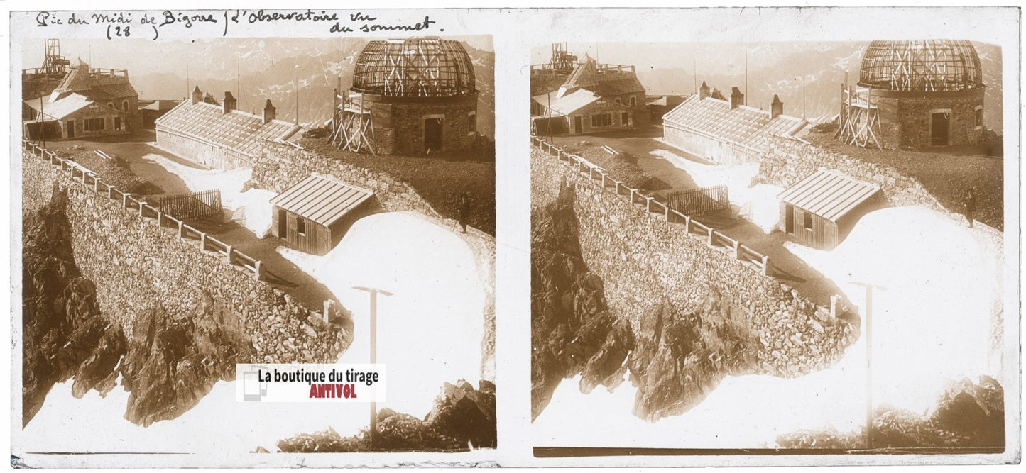 Pic du Midi de Bigorre, plaque verre photo stéréo, sépia 6x13 cm