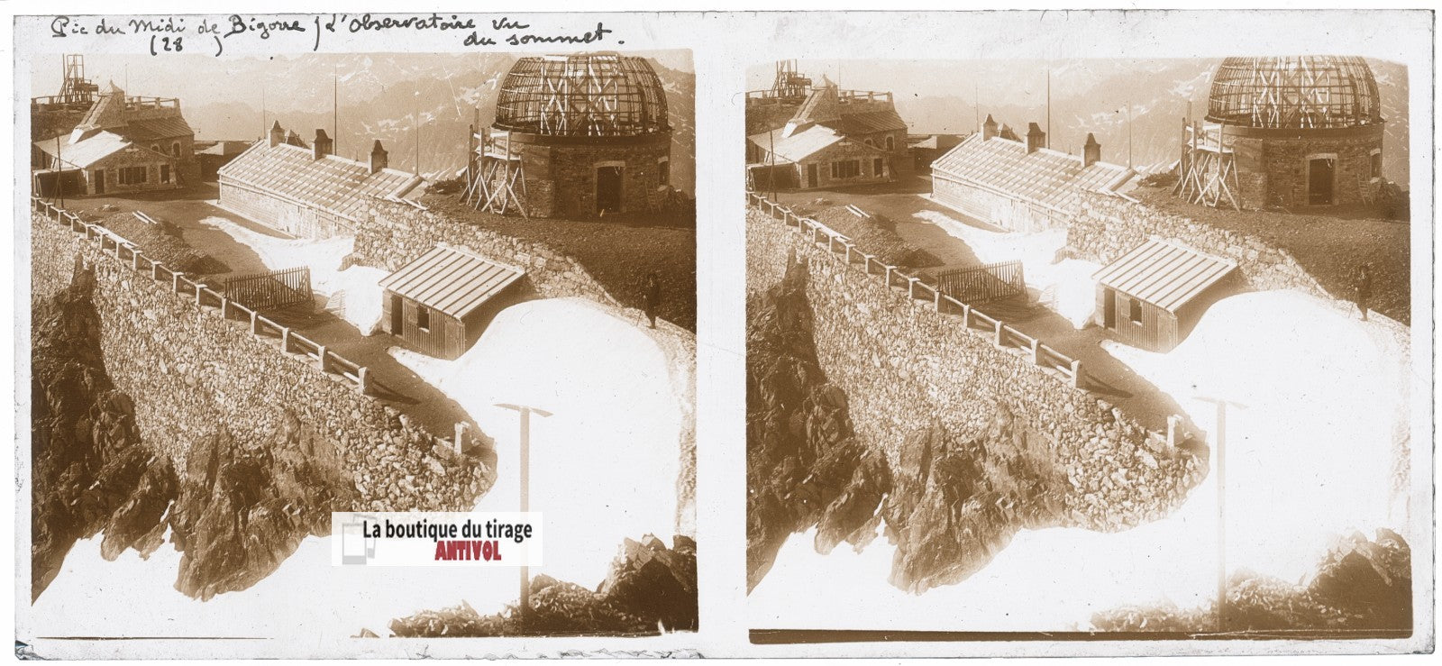 Pic du Midi de Bigorre, plaque verre photo stéréo, sépia 6x13 cm