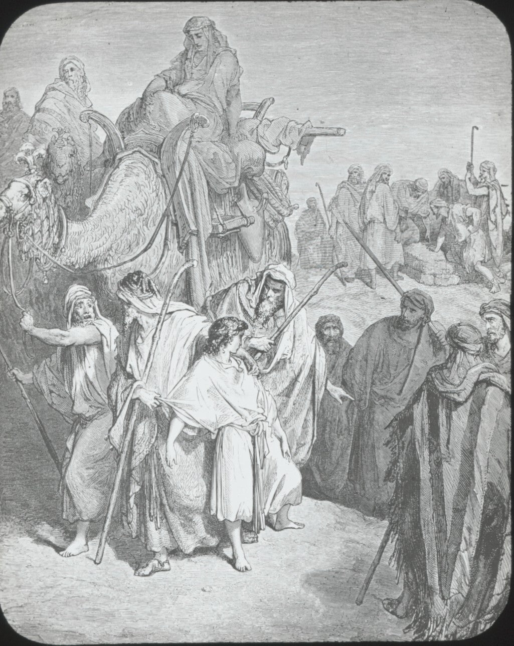 Joseph et ses frères, Bible de Doré, dessin, plaque verre, positif 8,5x10 cm