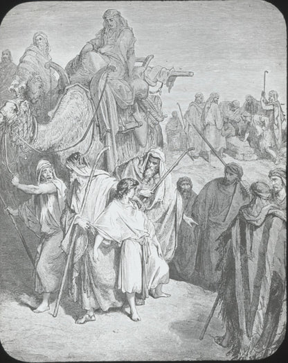 Joseph et ses frères, Bible de Doré, dessin, plaque verre, positif 8,5x10 cm