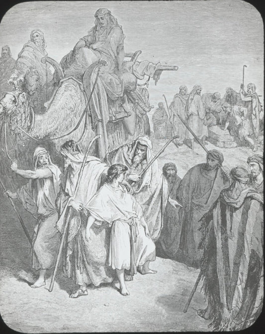 Joseph et ses frères, Bible de Doré, dessin, plaque verre, positif 8,5x10 cm