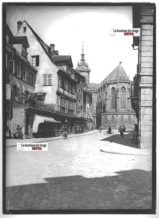 Plaque verre photo ancienne positif noir & blanc 13x18 cm Colmar vélos église