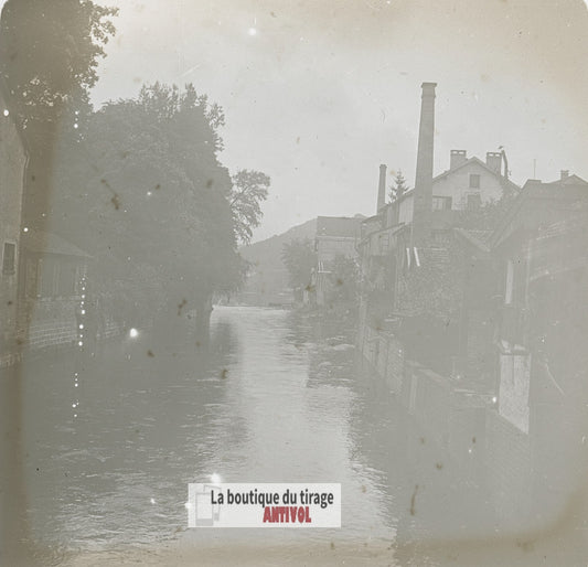 Canal, Épinal, Vosges, plaque verre stéréo, photo ancienne 4,5x10,7 cm