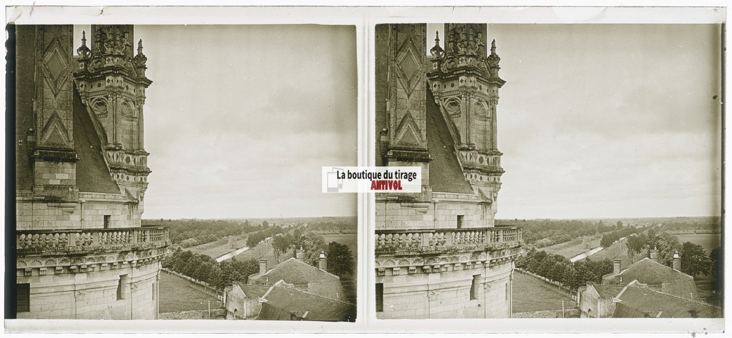Château de Chambord, plaque verre, photo stéréoscopie, noir & blanc 6x13 cm