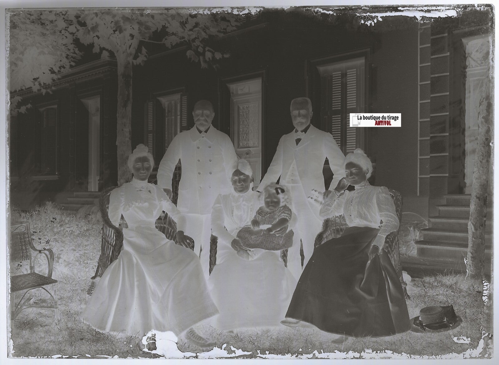 Groupe, famille, Plaque verre photo ancienne, négatif noir & blanc 13x18 cm