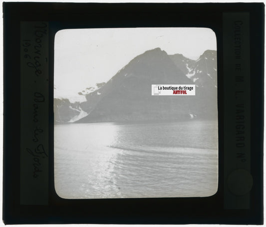 Norvège, 1906, fjord, photo plaque de verre, noir & blanc, positif 8,5x10 cm