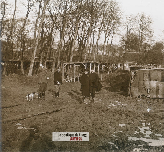 Officiers français, boue, guerre WW1, plaque verre photo ancienne stéréo 6x13 cm