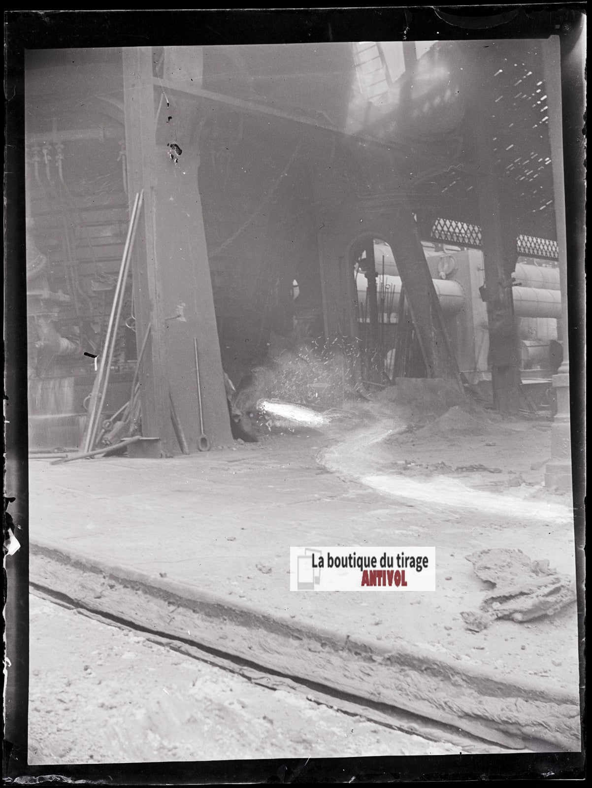 Usine, industrie, photo ancienne plaque verre, négatif noir & blanc, 9x12 cm