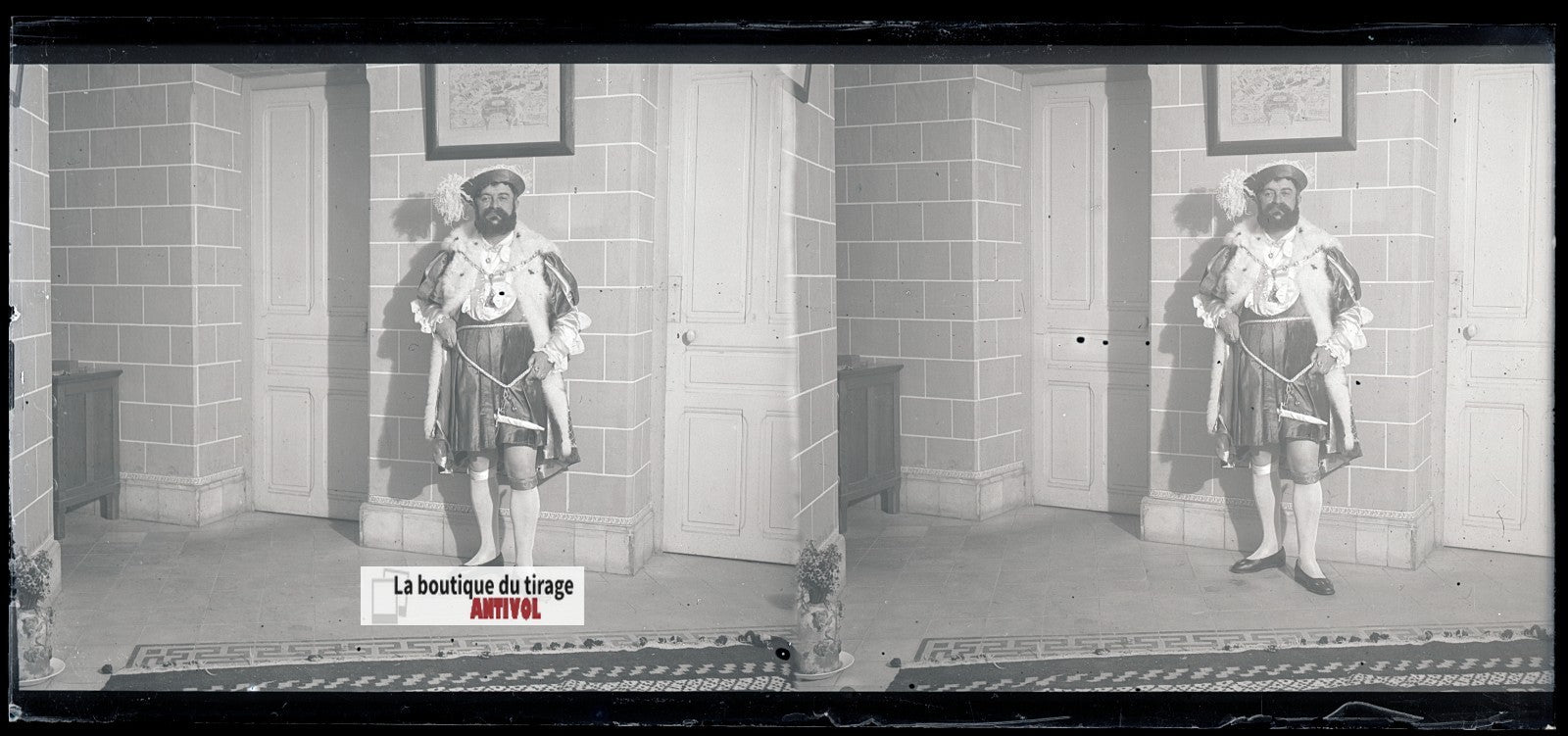 Homme, costume, plaque verre, photo stéréo, négatif noir & blanc 6x13 cm