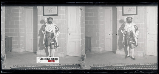 Homme, costume, plaque verre, photo stéréo, négatif noir & blanc 6x13 cm