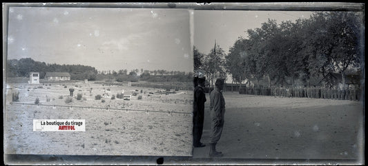 Camp du Ruchard, soldats, plaque verre, photo ancienne, négatif N&B 6x13 cm