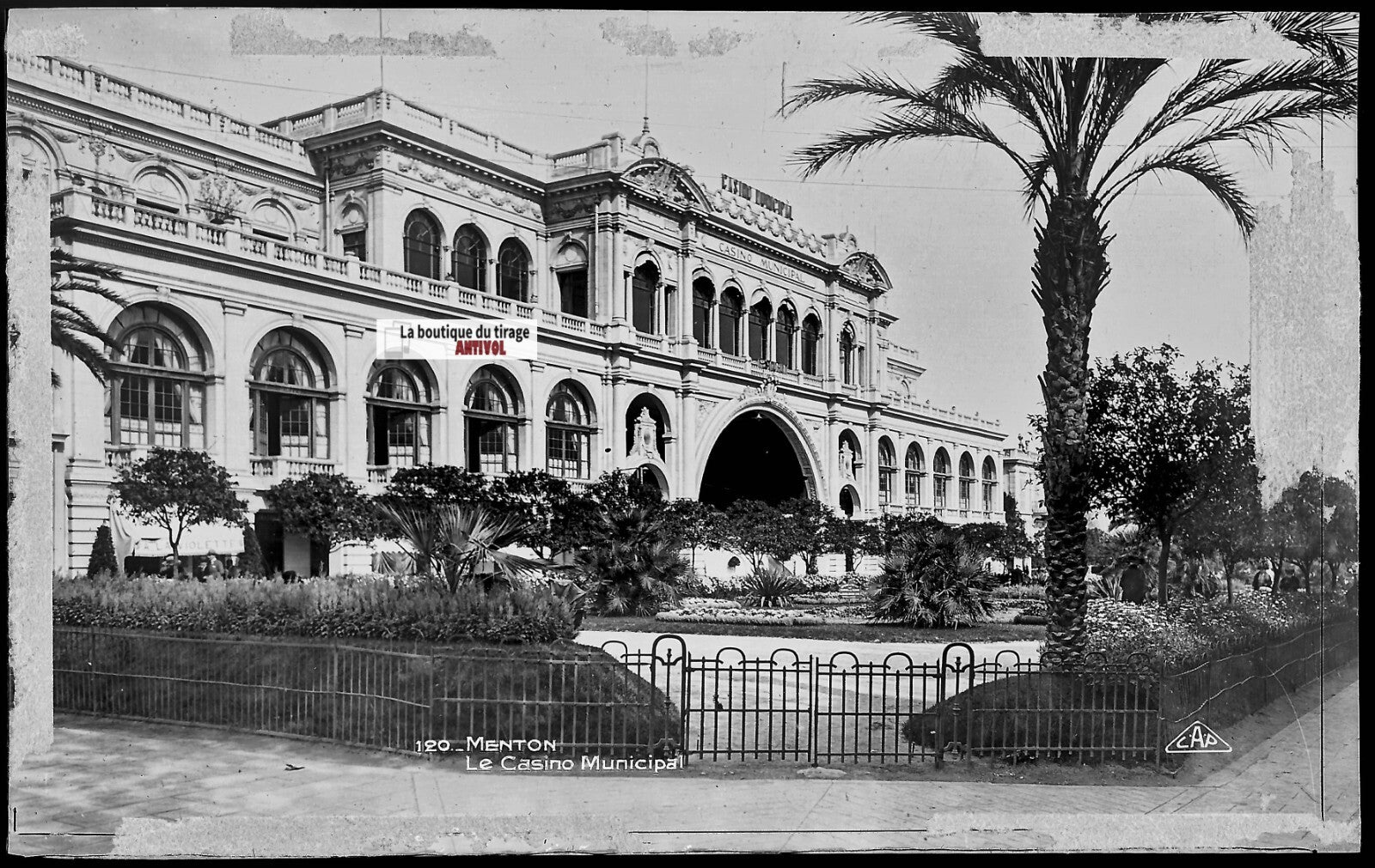 Plaque verre photo ancienne, négatif noir & blanc 9x14 cm, Menton, le Casino