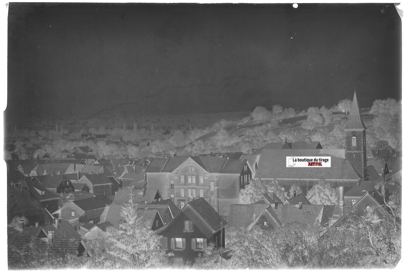 Hésingue église, Plaque verre photo ancienne, négatif noir & blanc 10x15 cm