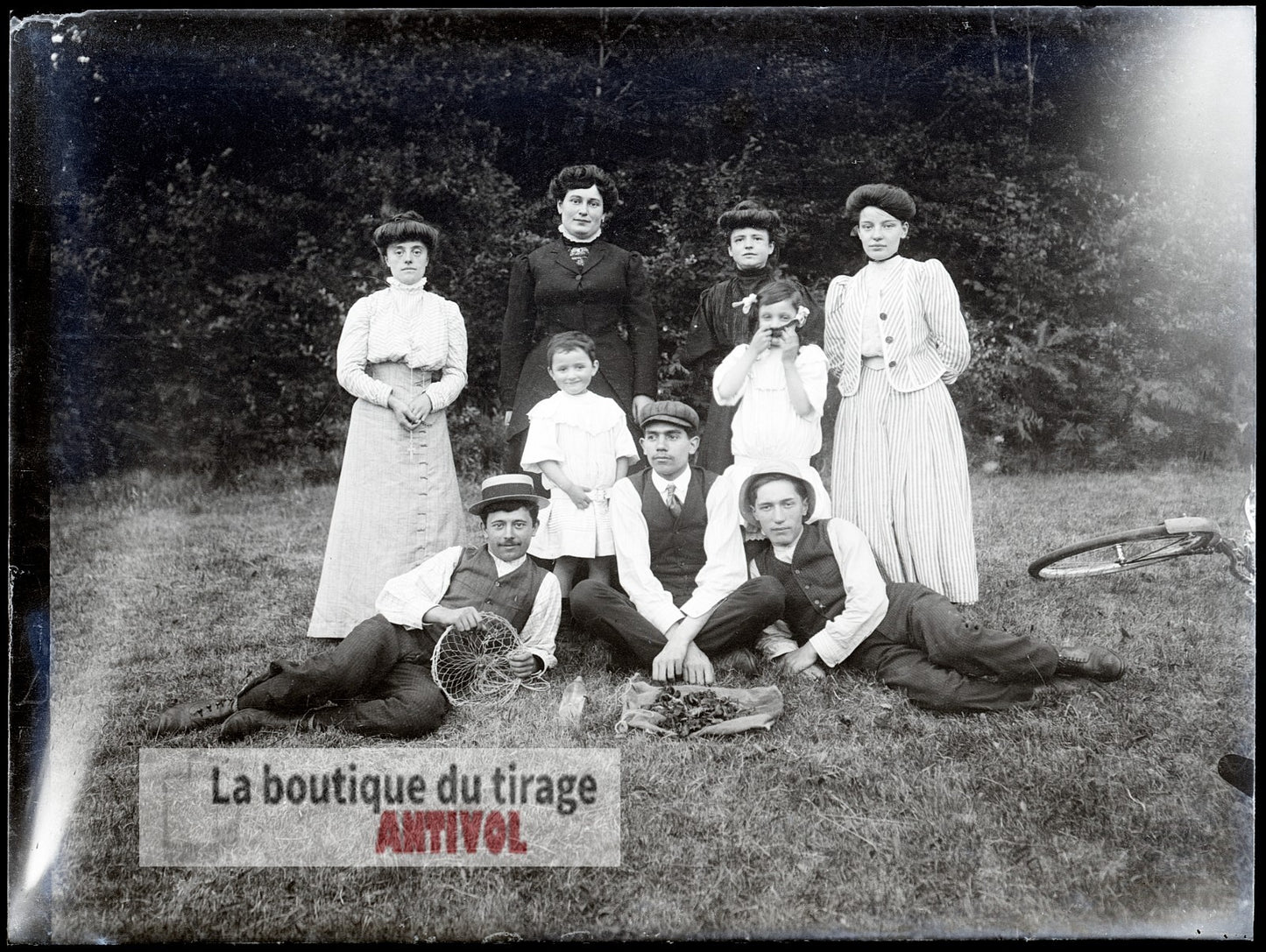 Sortie familiale à la campagne, plaque verre, photo ancienne, négatif 9x12 cm