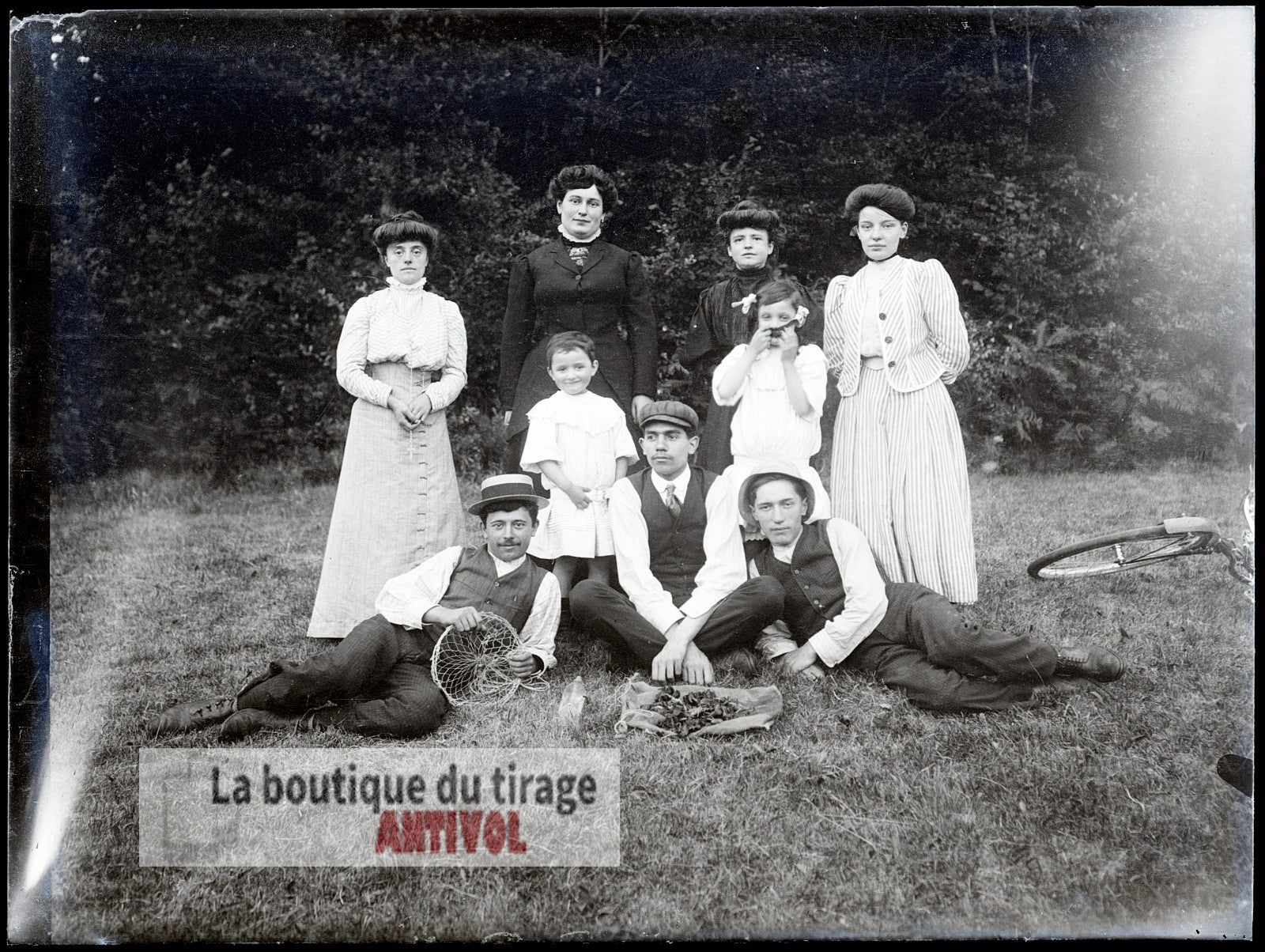 Sortie familiale à la campagne, plaque verre, photo ancienne, négatif 9x12 cm